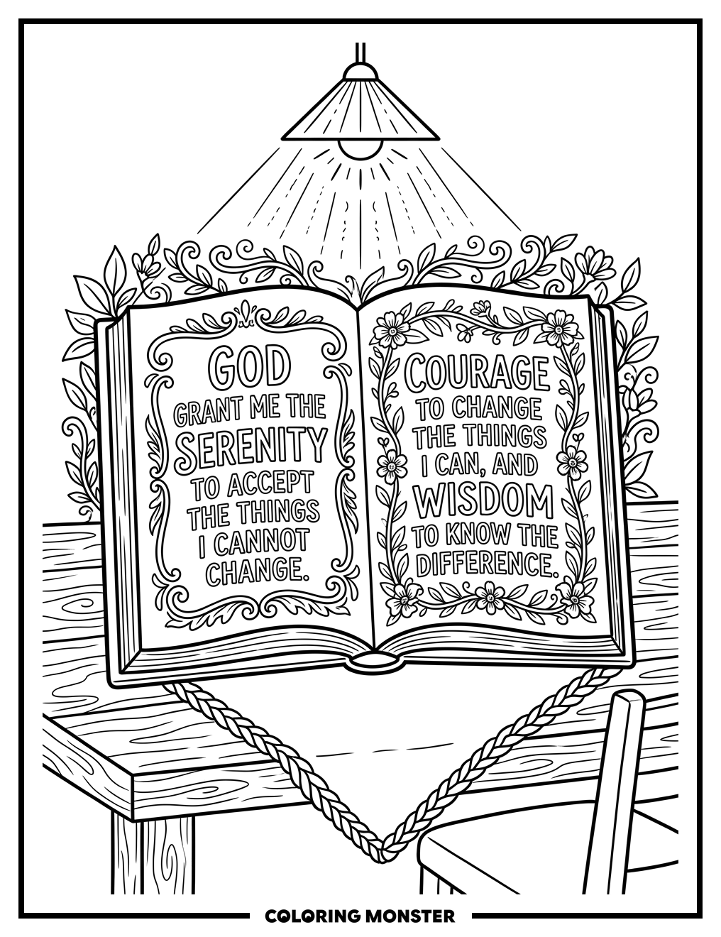 Open Book with Serenity Prayer Coloring Page