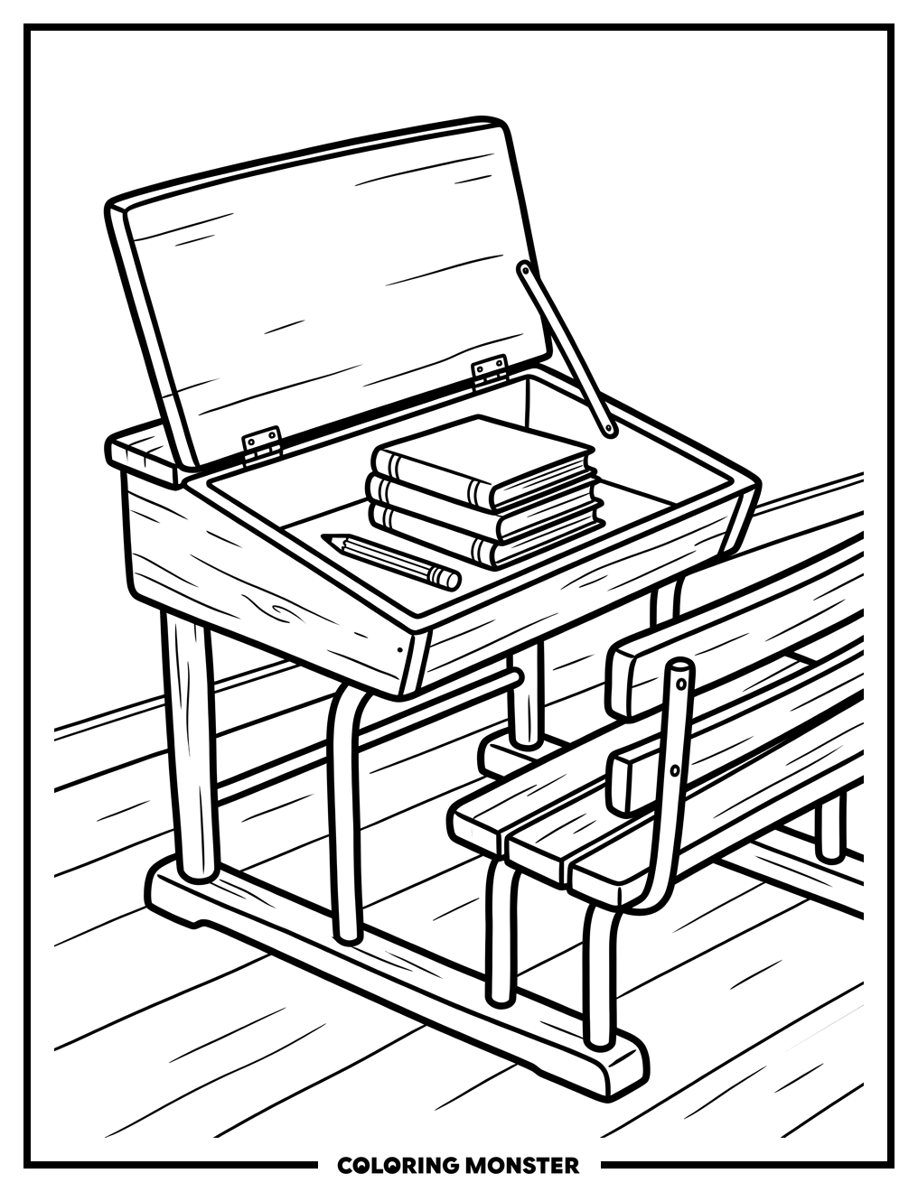 Open School Desk With Books Coloring Page