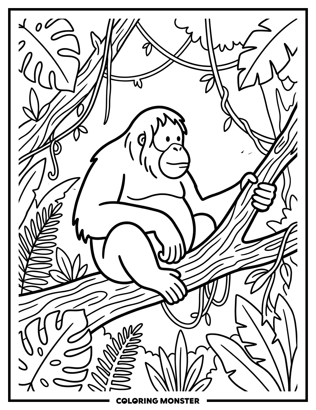 Orangutan on Tree Branch Coloring Page