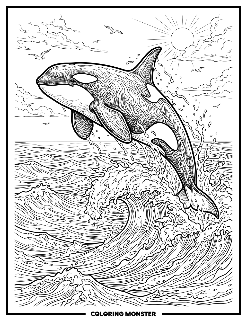 Orca Whale Leaping From Ocean Wave Coloring Page
