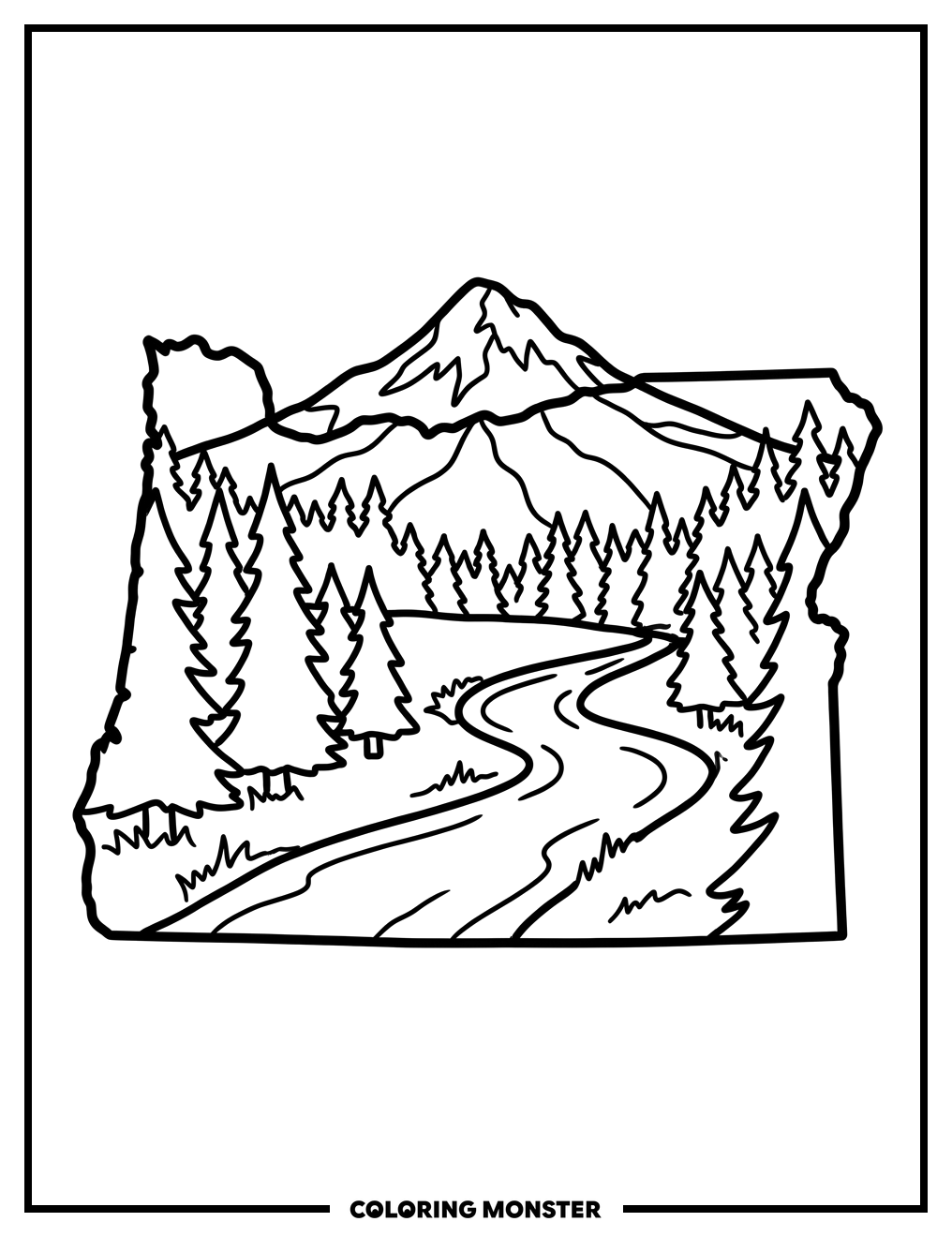 Oregon State Outline with Mount Hood Coloring Page