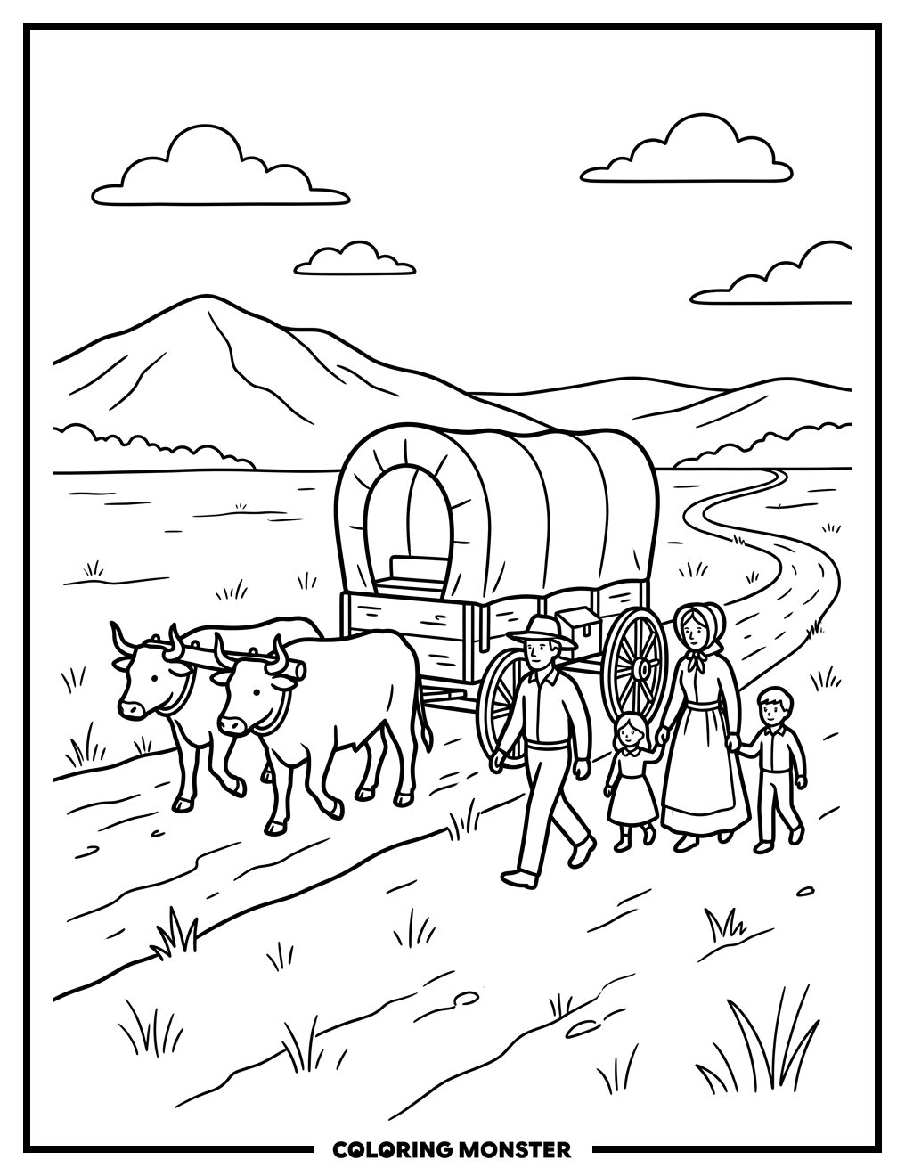 Oregon Trail Pioneers Crossing Plains Coloring Page