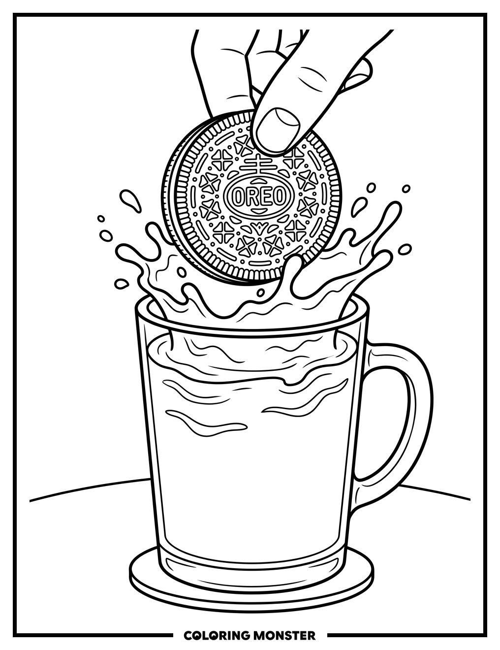 Oreo Cookie Dunked in Milk Coloring Page