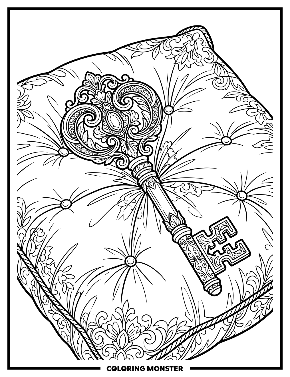 Ornate Antique Key on Velvet Cushion Coloring Page