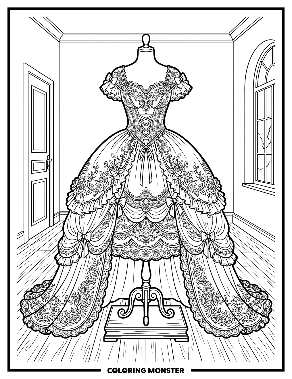 Ornate Ball Gown on Mannequin Coloring Page