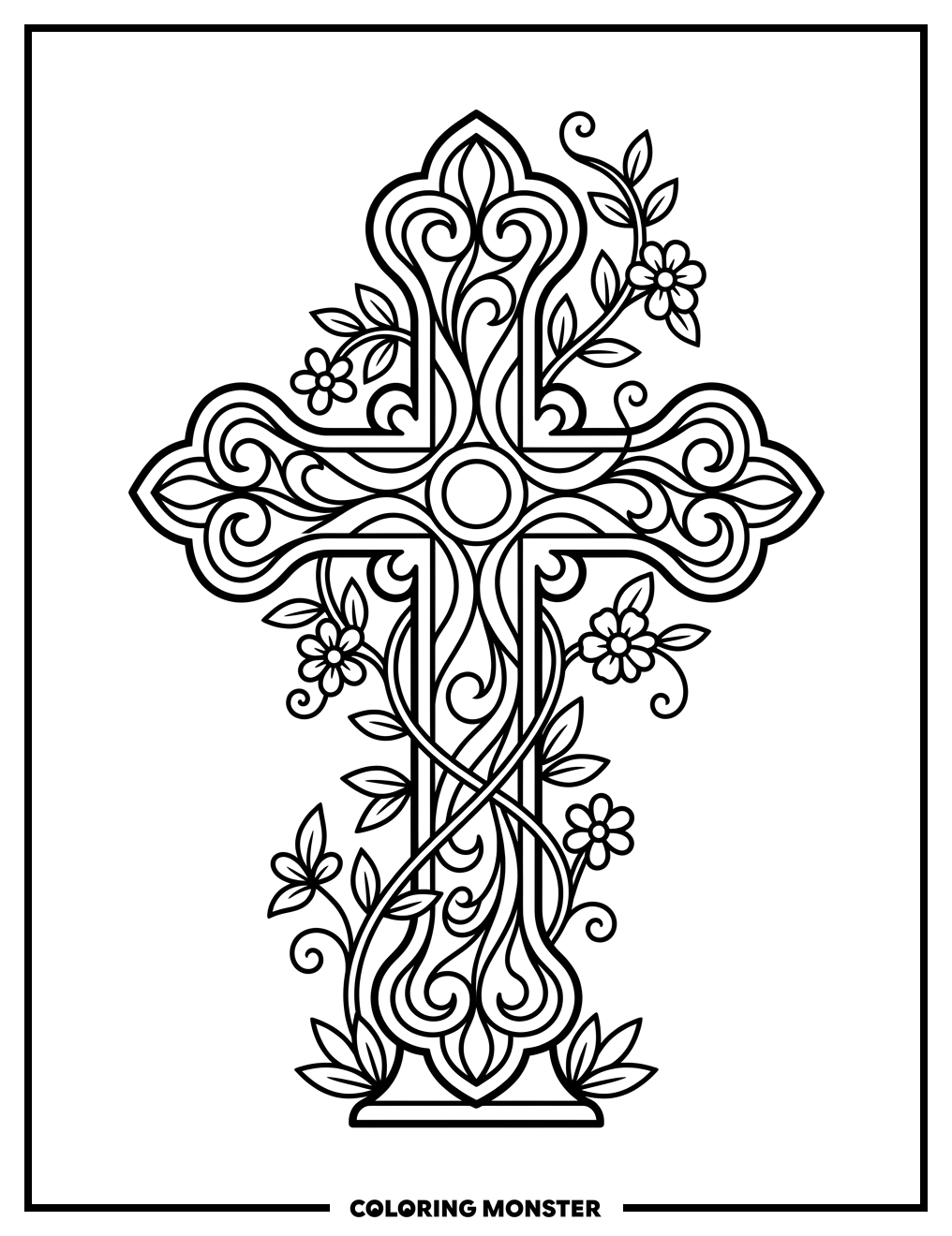 Ornate Cross with Floral Vines Coloring Page