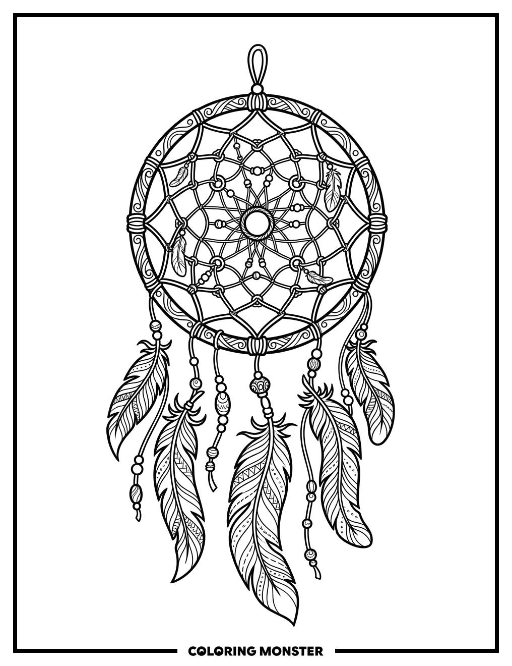 Ornate Dream Catcher with Flowing Feathers Coloring Page