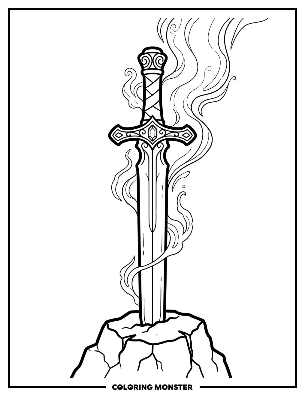 Ornate Fantasy Sword in Stone Coloring Page