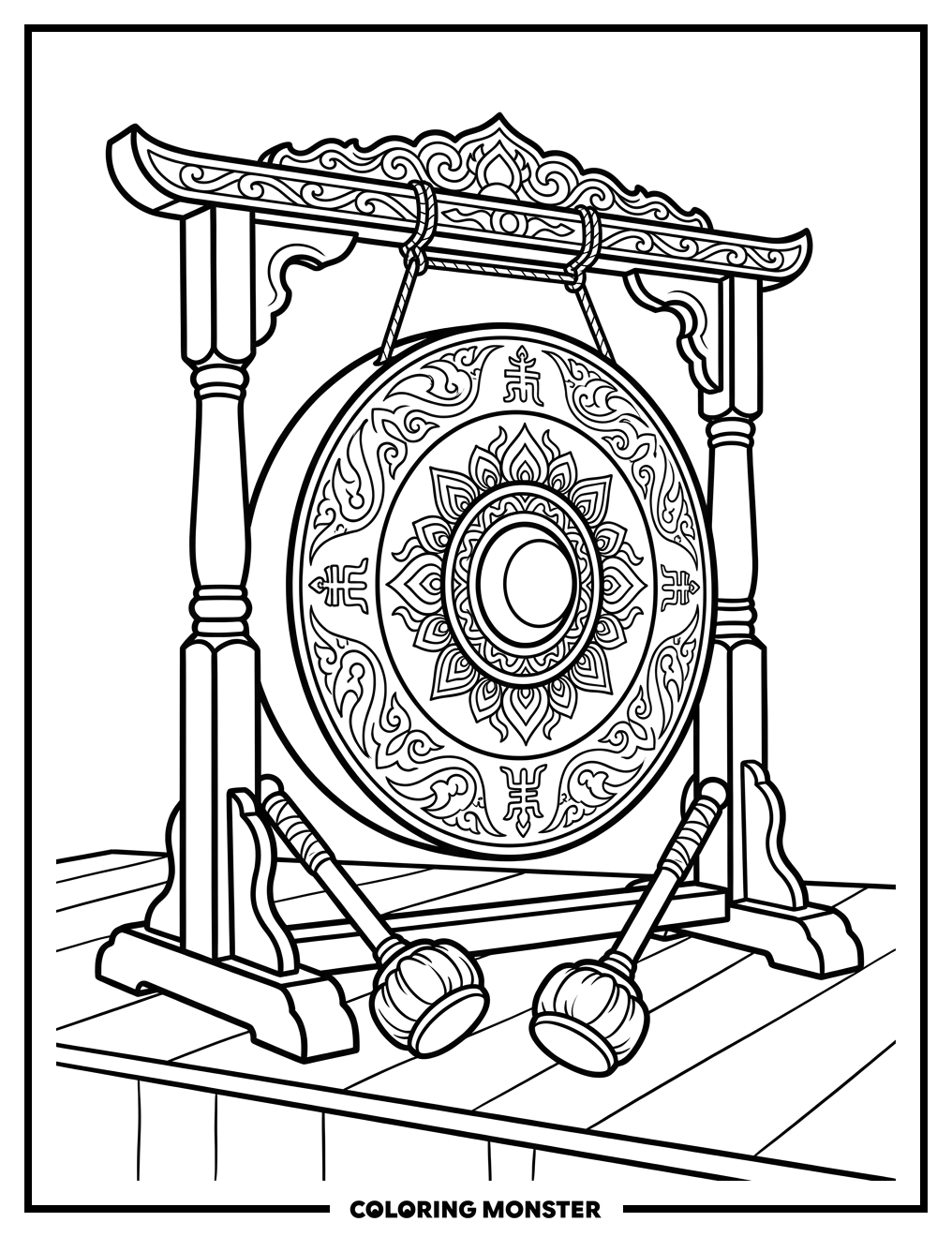 Ornate Gong on Stage Coloring Page