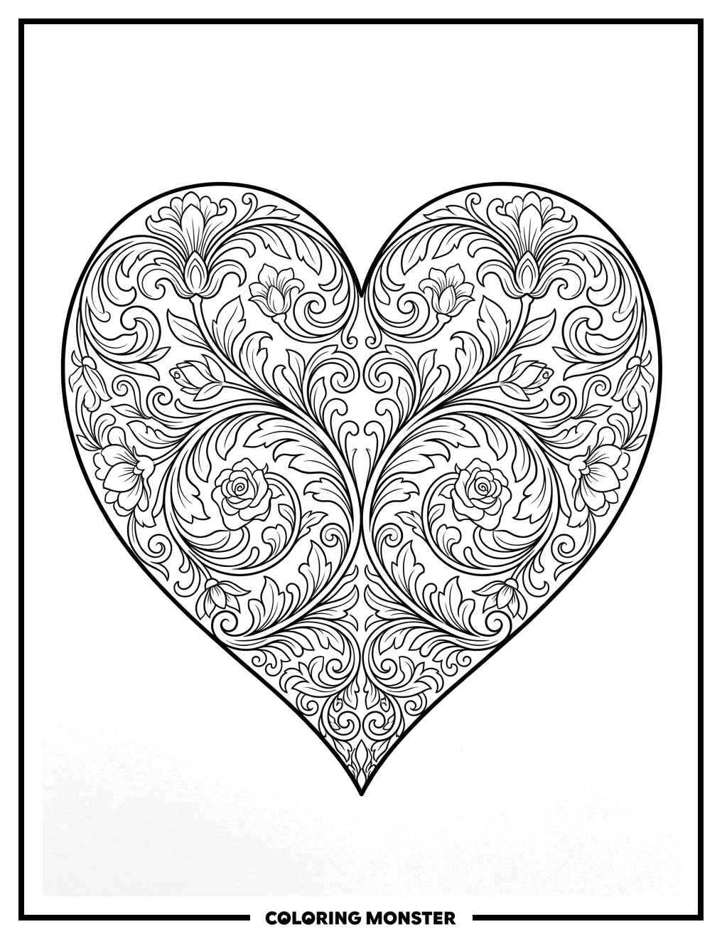 Ornate Heart With Swirling Florals Coloring Page