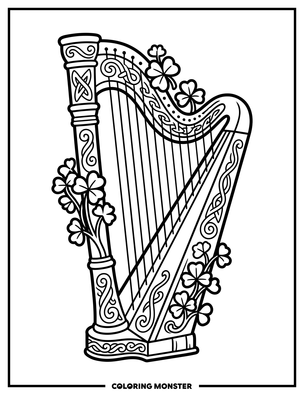 Ornate Irish Harp With Shamrocks Coloring Page
