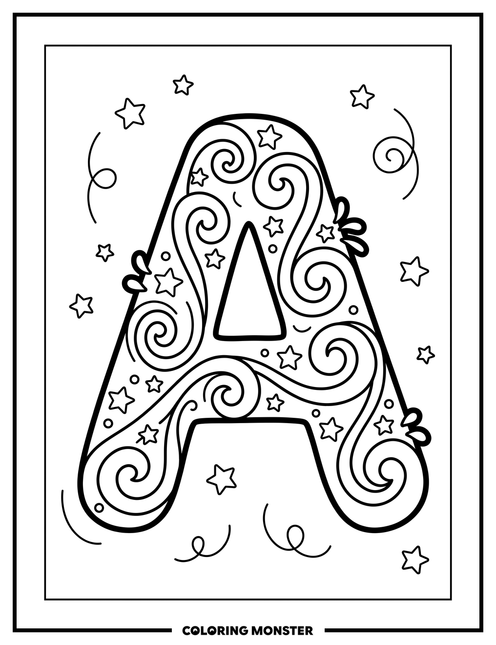 Ornate Letter A With Swirls and Stars Coloring Page