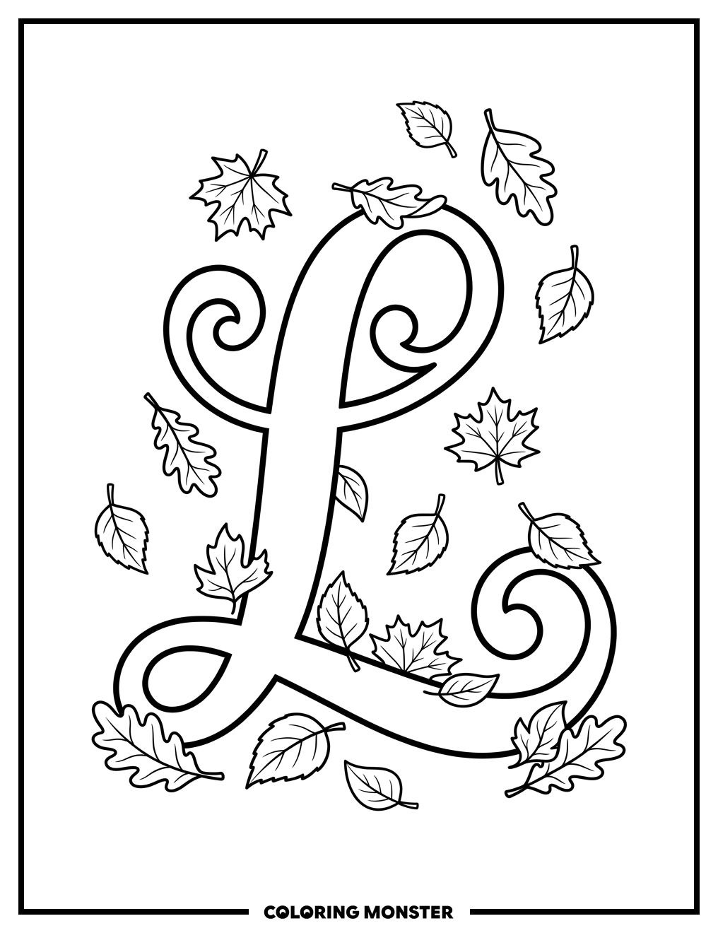 Ornate Letter L with Autumn Leaves Coloring Page