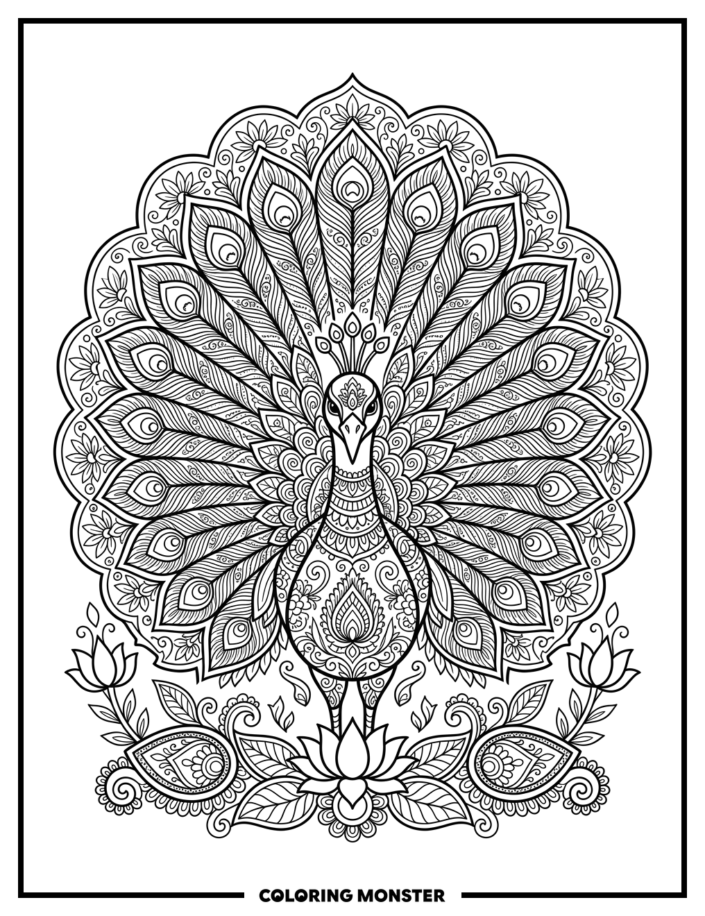 Ornate Peacock Rangoli Design Coloring Page