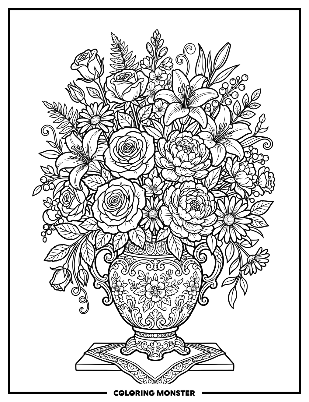 Ornate Vase Overflowing With Flowers Coloring Page