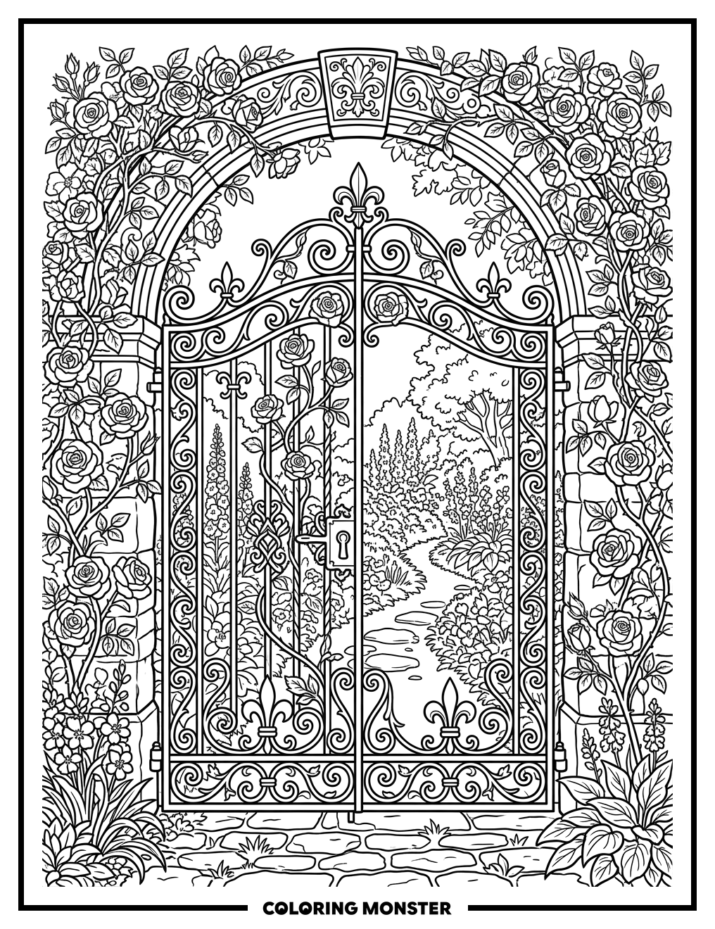 Ornate Wrought-Iron Garden Gate Coloring Page