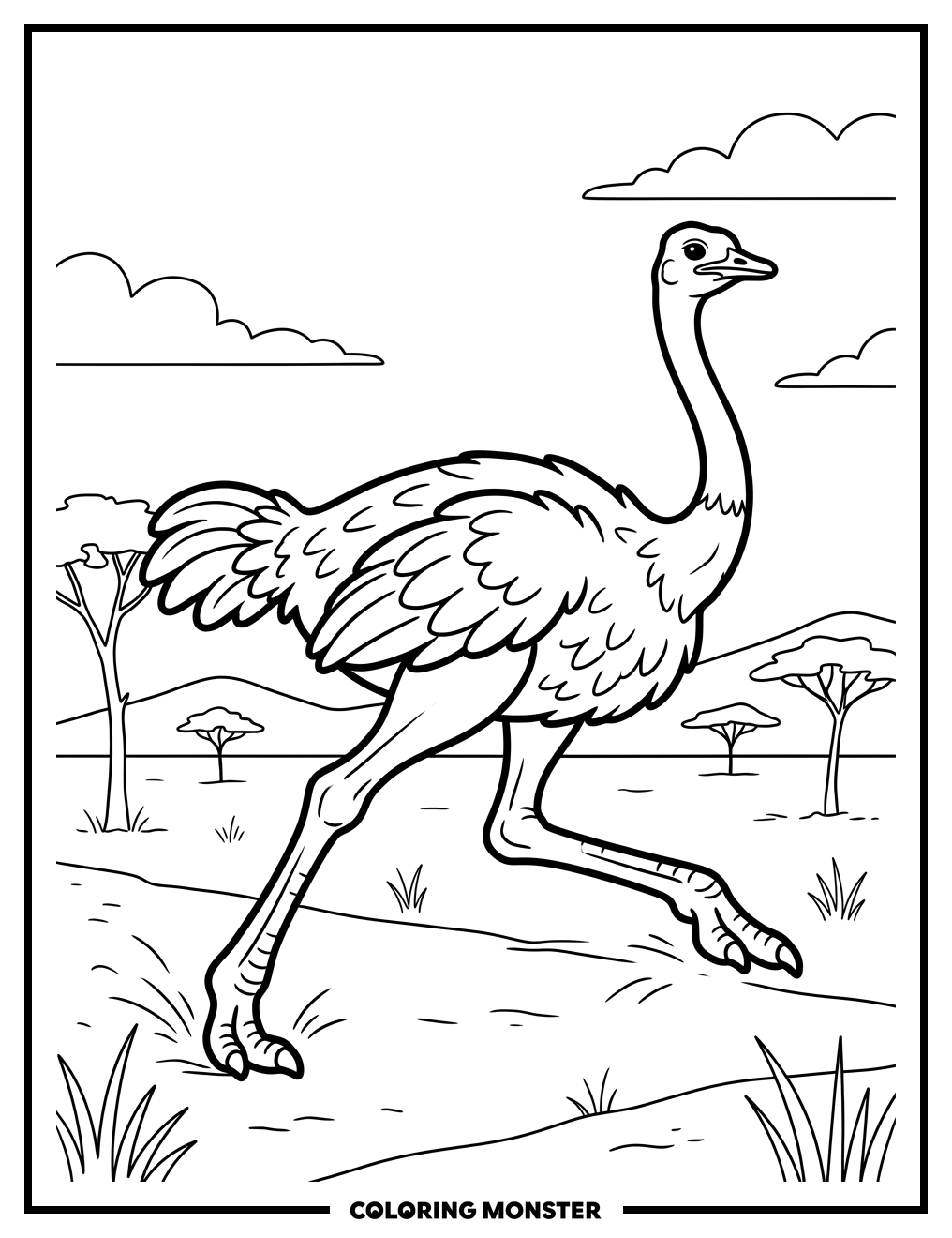 Ostrich Running on Savanna Coloring Page