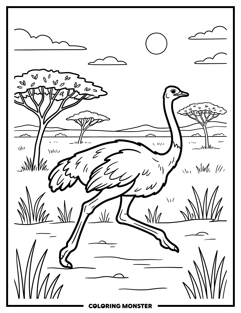 Ostrich Running on the Savanna Coloring Page