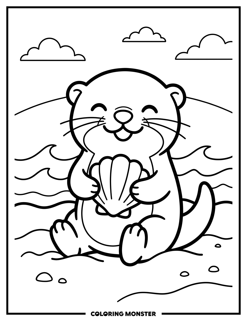 Otter Holding Seashell on Beach Coloring Page