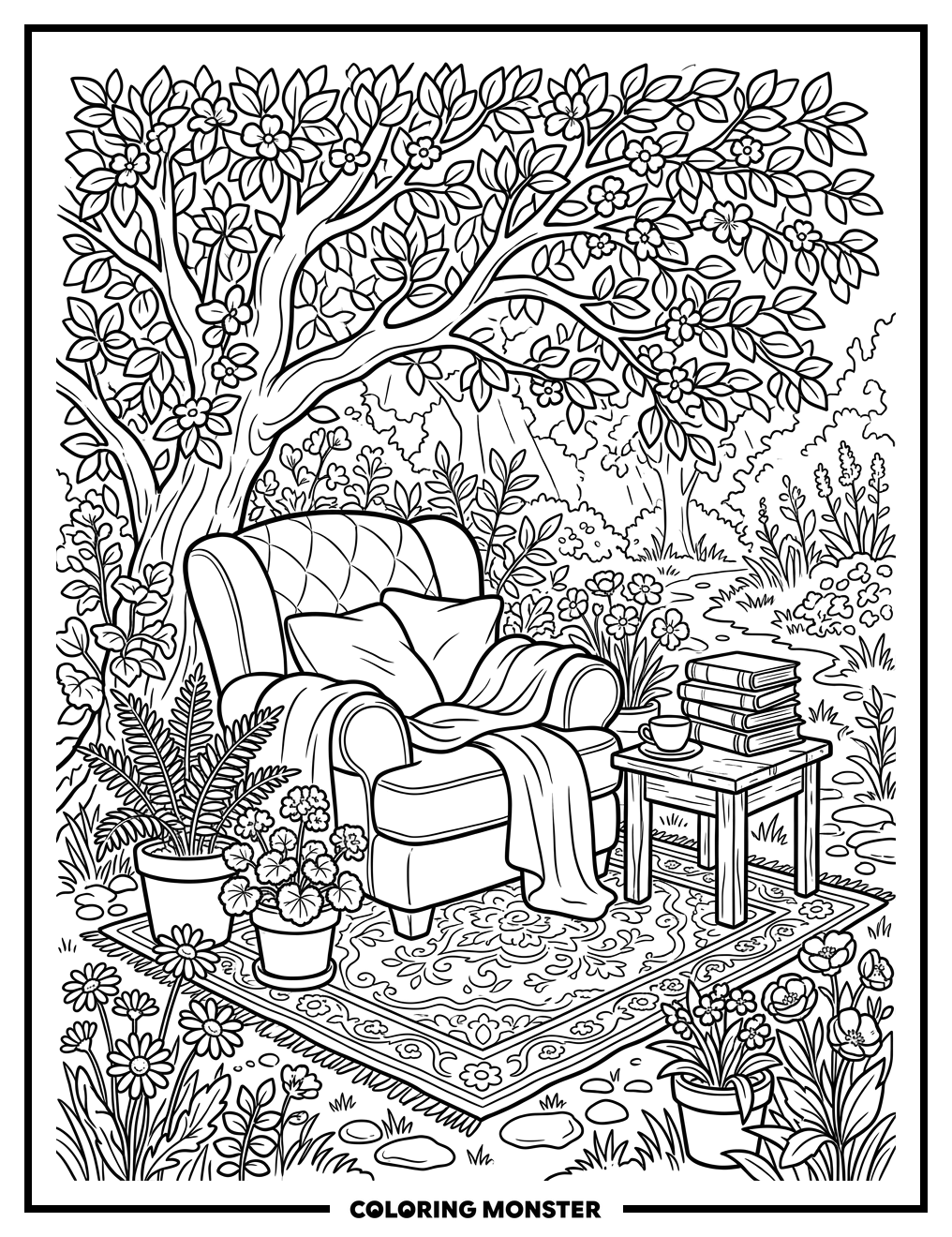 Outdoor Reading Nook Under a Tree Coloring Page