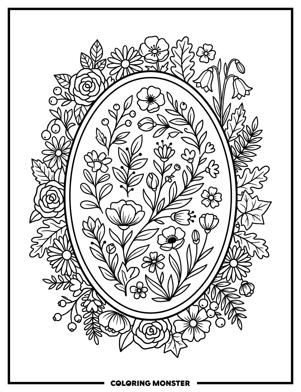 Oval Floral Frame Coloring Page
