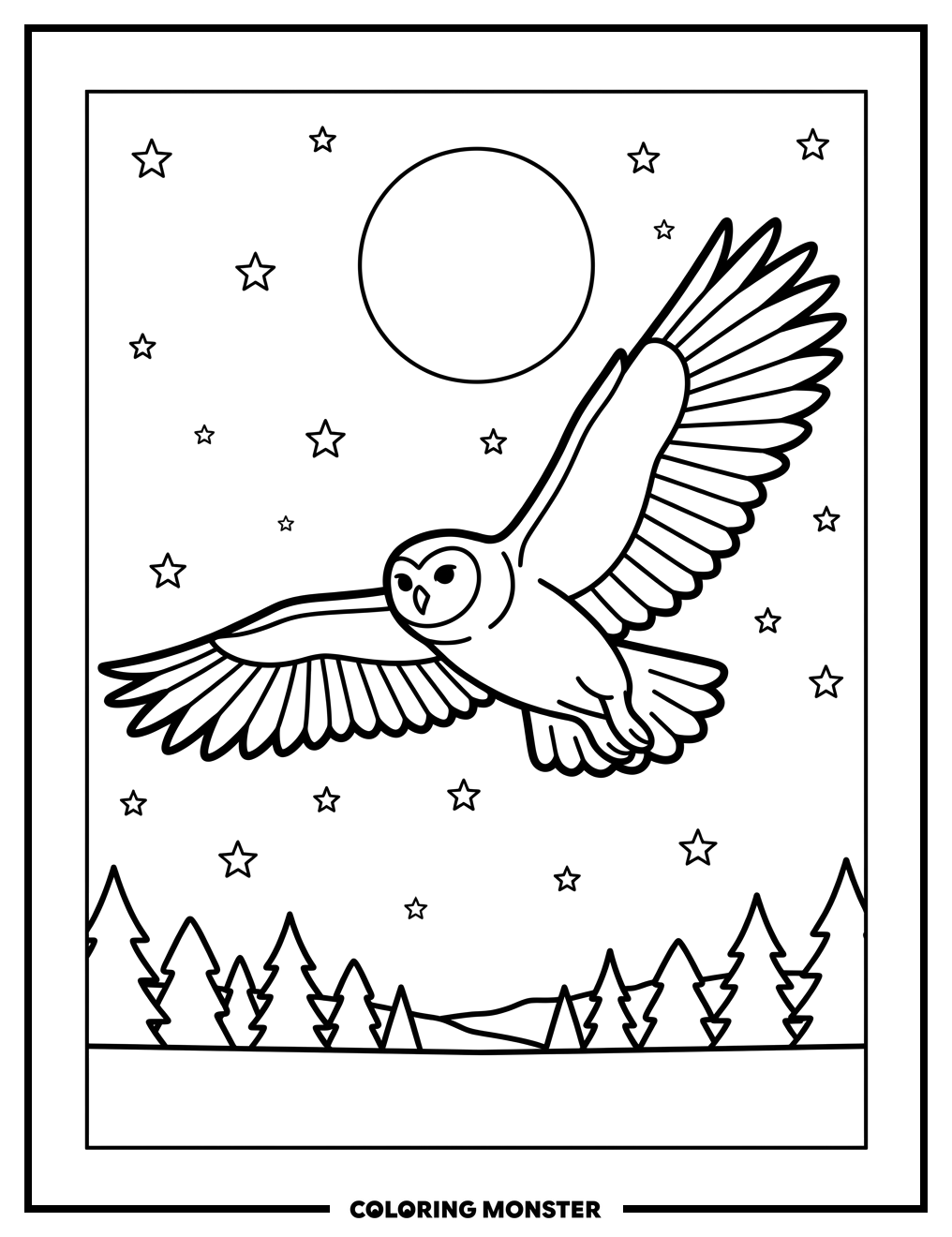 Owl Flying Under Full Moon Coloring Page