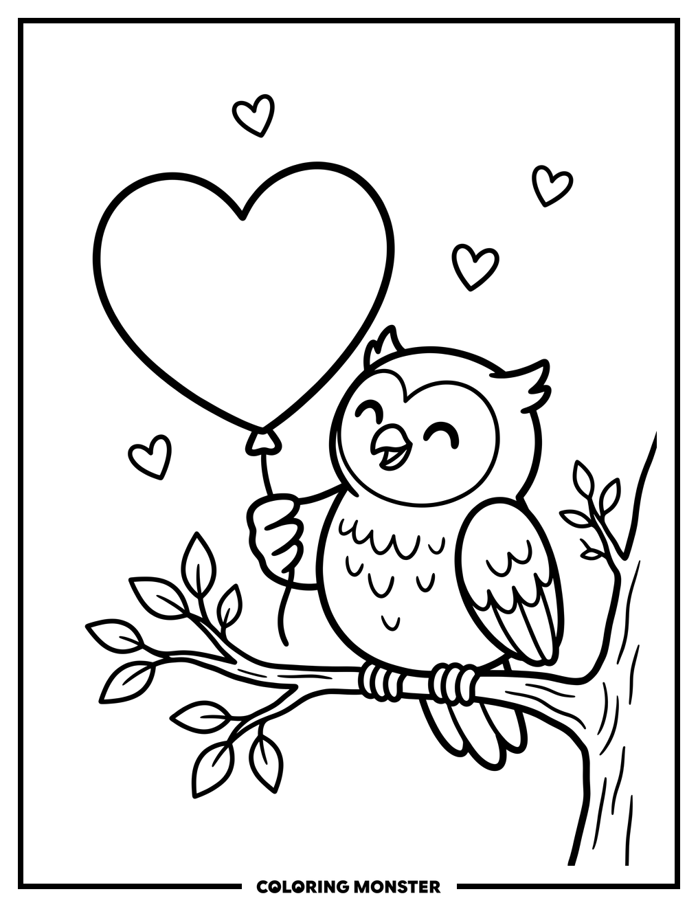 Owl Holding Heart Balloon Coloring Page