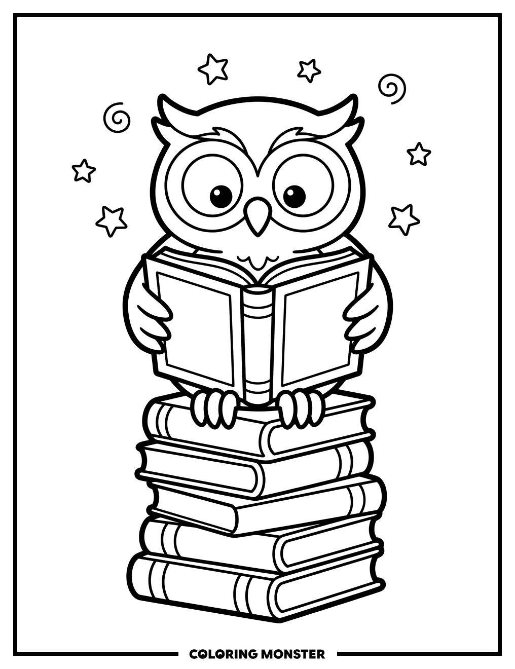 Owl Reading On Books Coloring Page