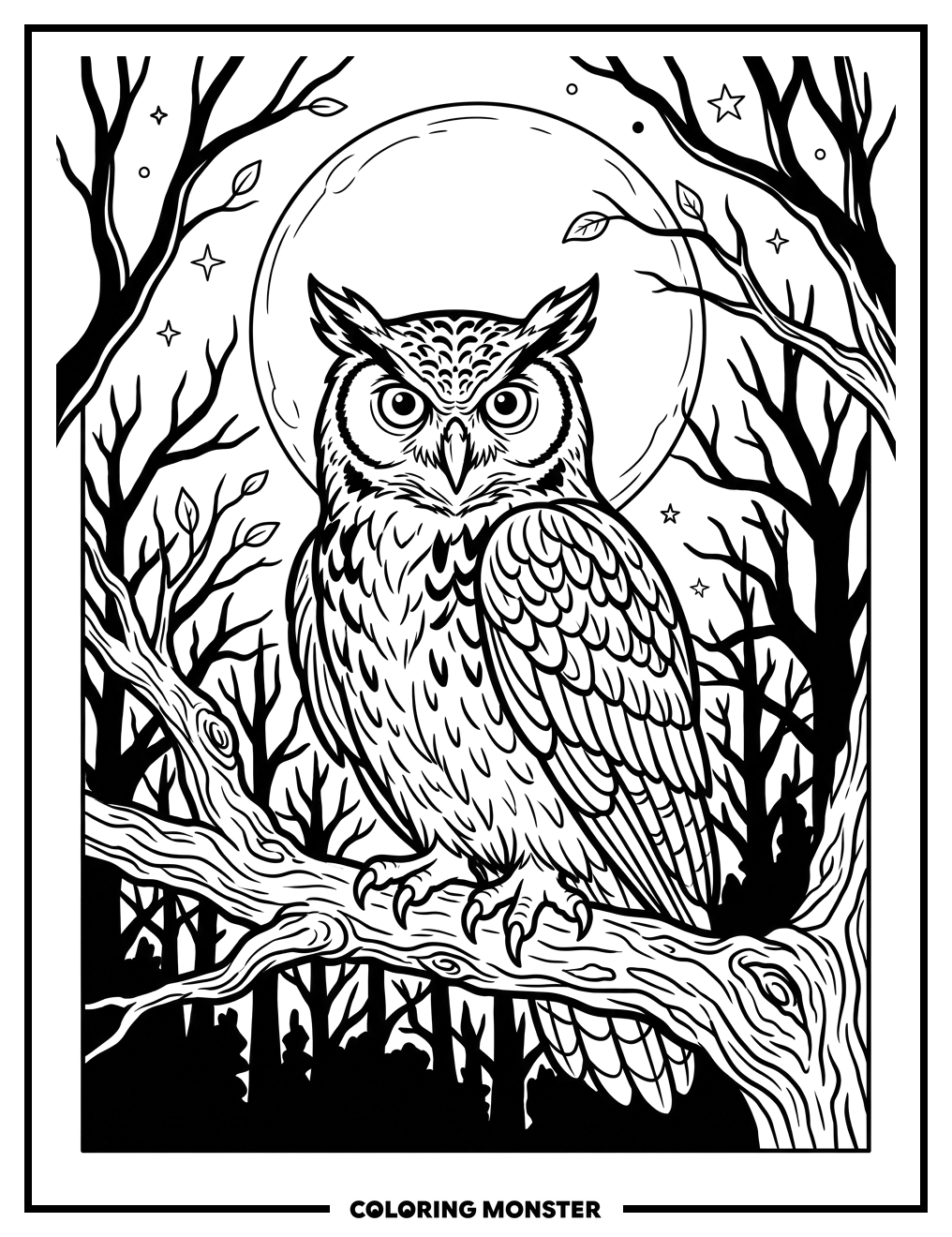 Owl Under Full Moon Coloring Page