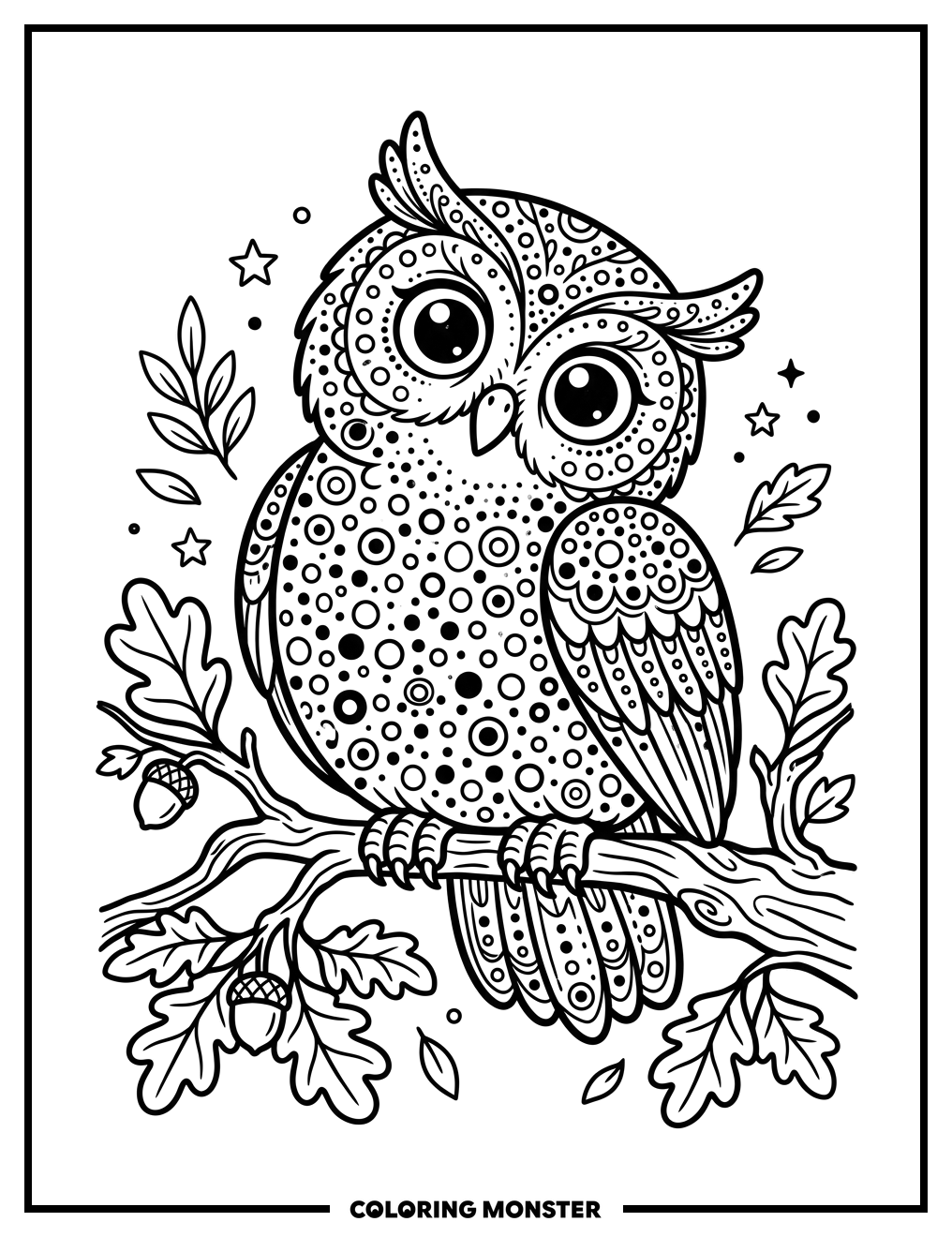 Owl With Dotted Feathers Coloring Page