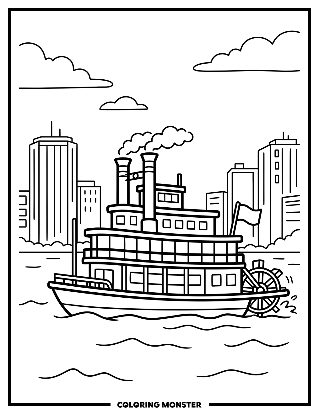 Paddlewheel Riverboat on Mississippi River Coloring Page