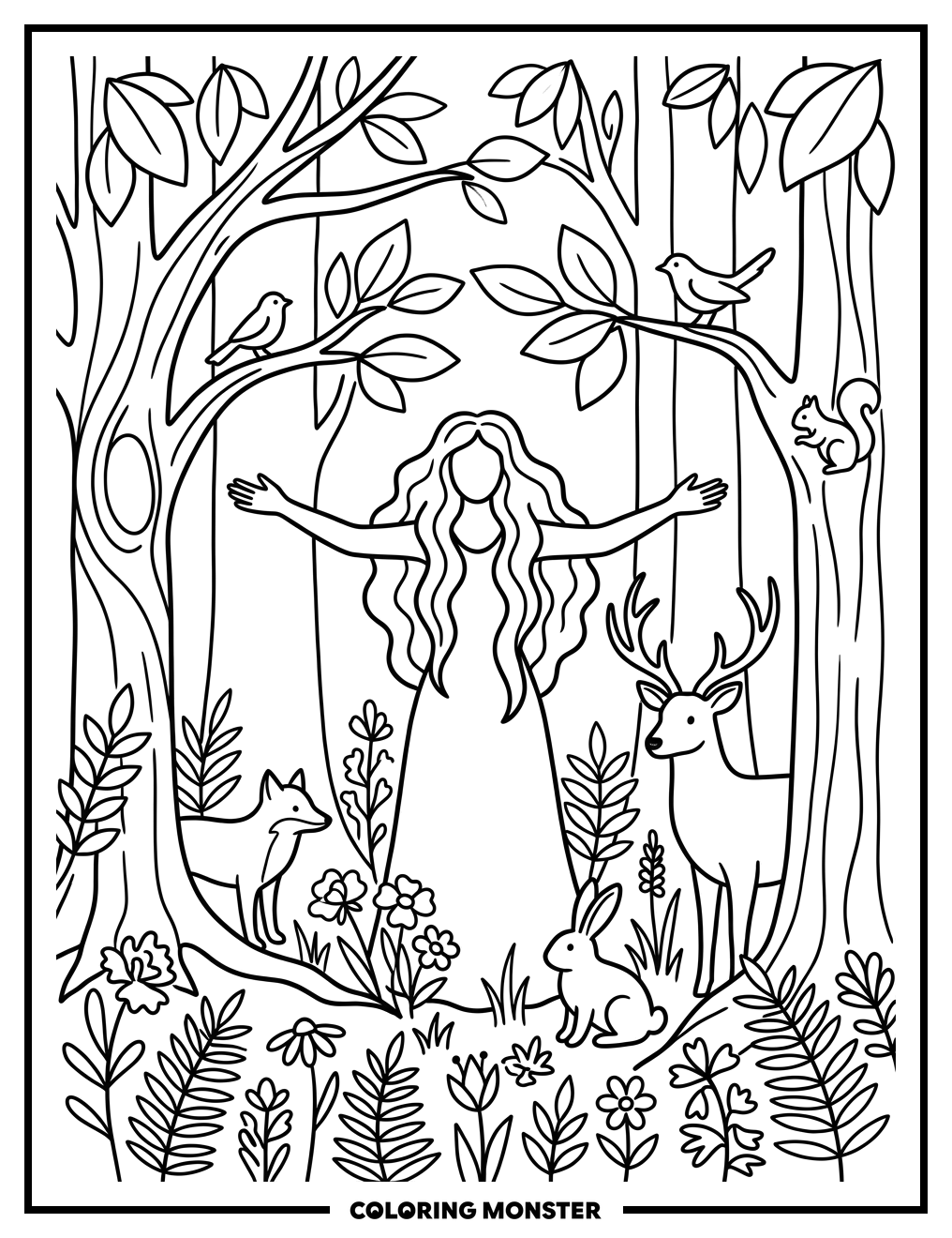 Pagan Goddess in Enchanted Forest Coloring Page