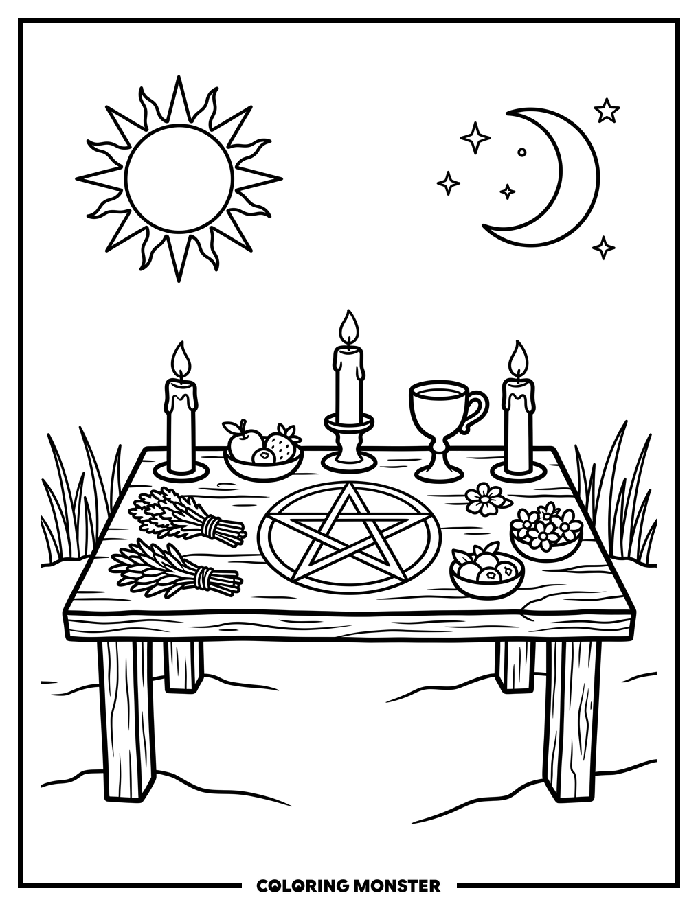 Pagan Ritual Altar at Dawn Coloring Page