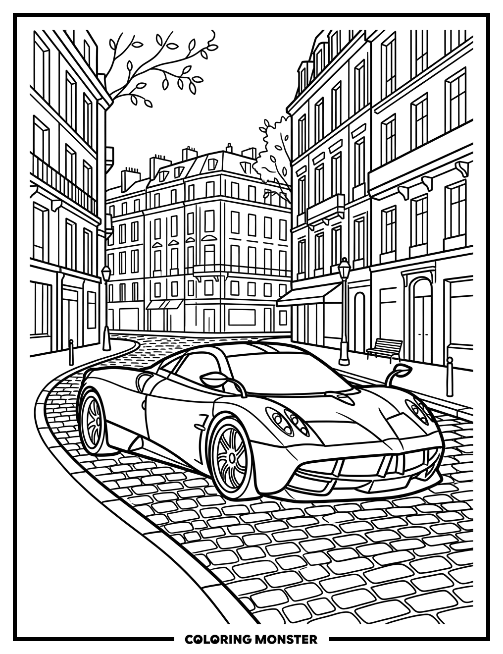 Pagani Huayra on Cobblestone Street Coloring Page