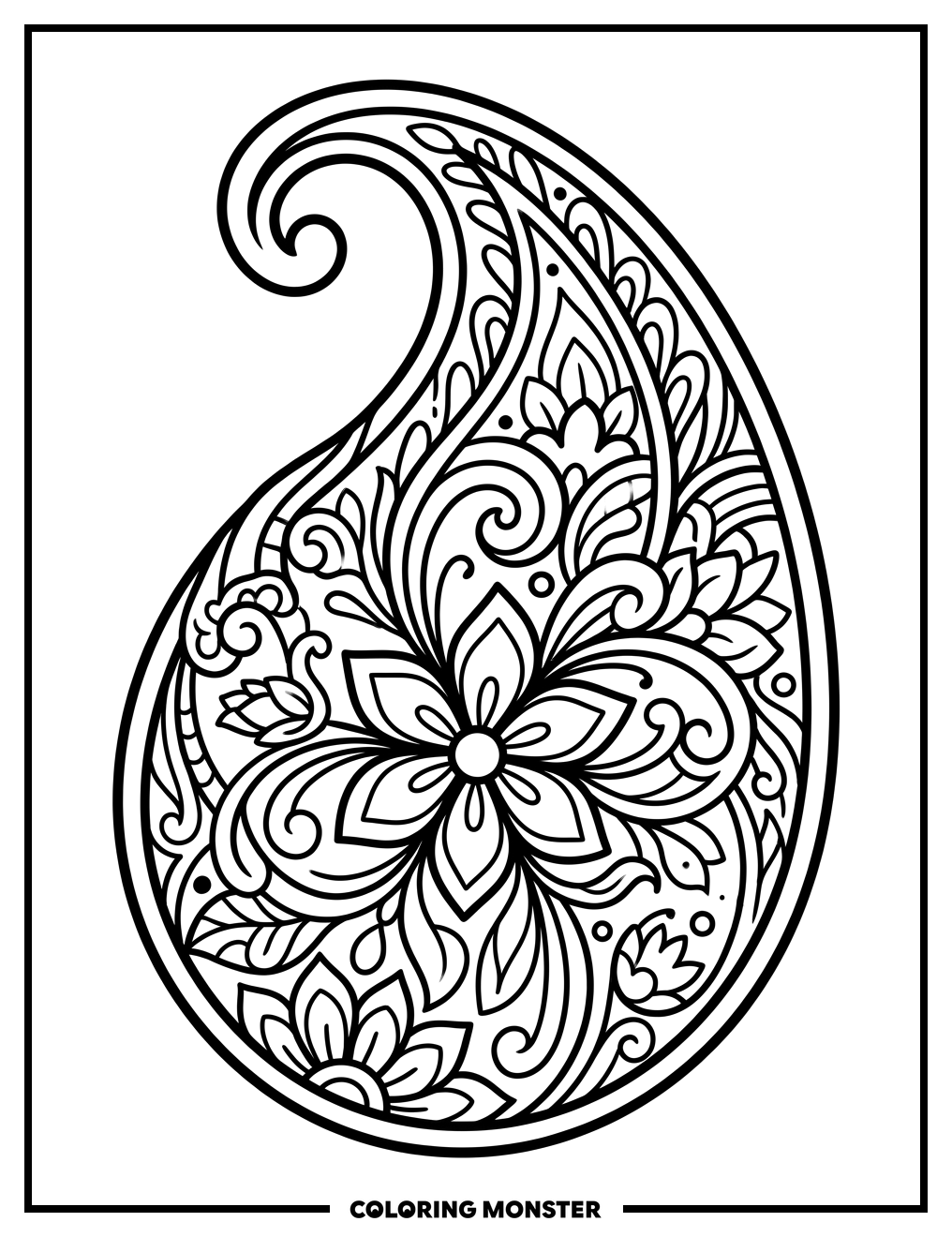 Paisley Teardrop Floral Pattern Coloring Page