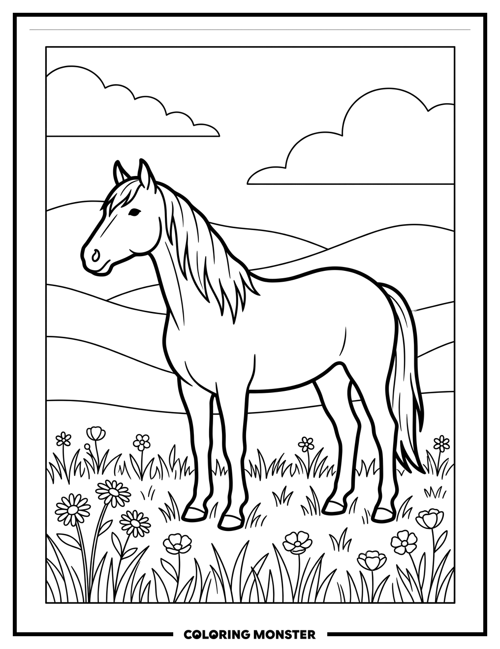 Palomino Horse in Meadow Coloring Page