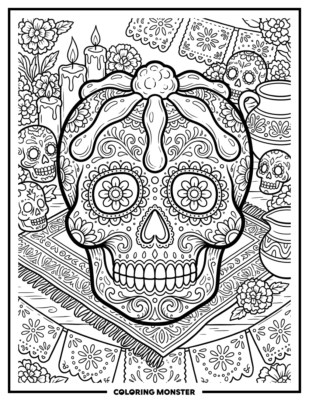 Pan de Muerto Sugar Skull Bread Coloring Page