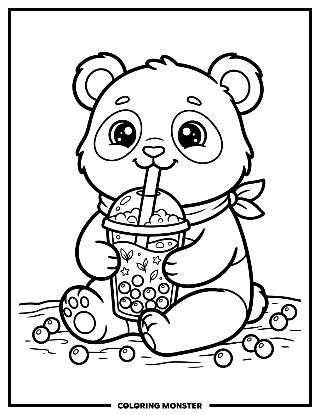 Panda Bear Sipping Boba Tea Coloring Page