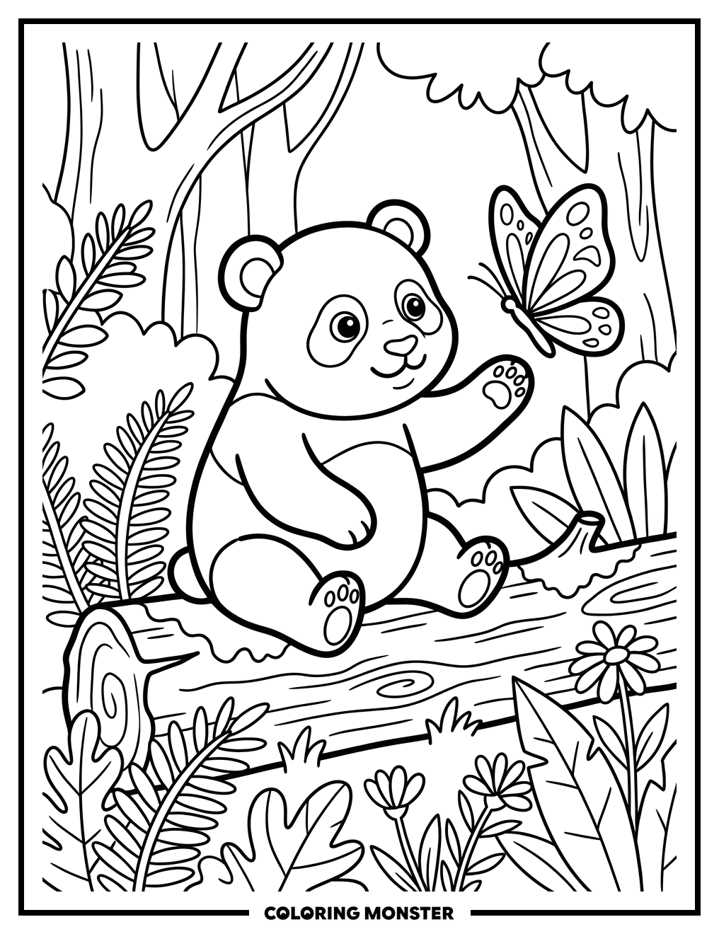 Panda Cub and Butterfly Coloring Page