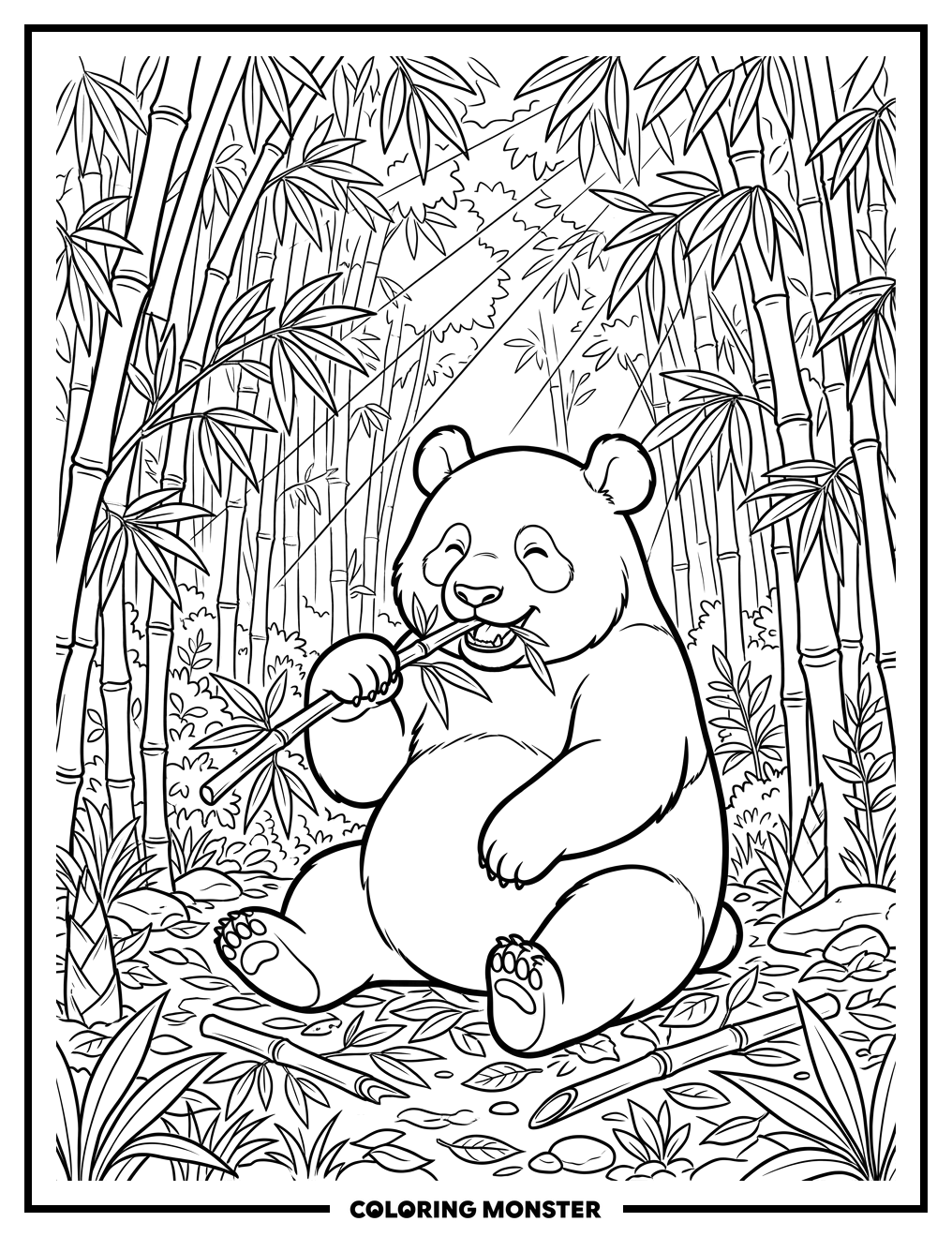 Panda Munching Bamboo In Forest Coloring Page