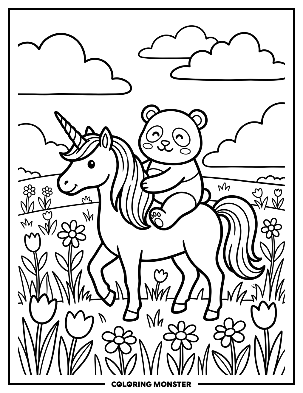 Panda Riding a Unicorn Coloring Page