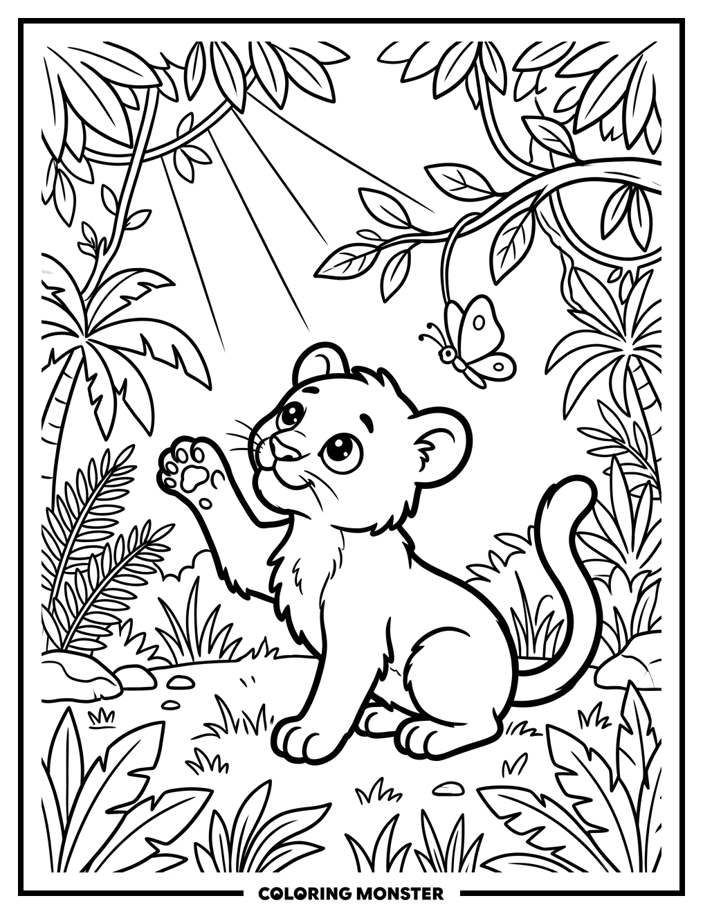 Panther Cub and Butterfly Coloring Page