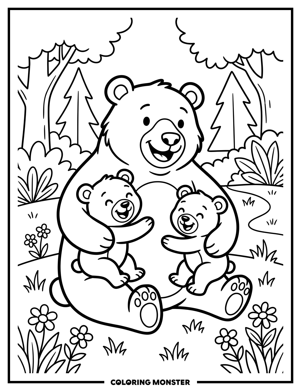 Papa Bear Hugs Cubs Coloring Page