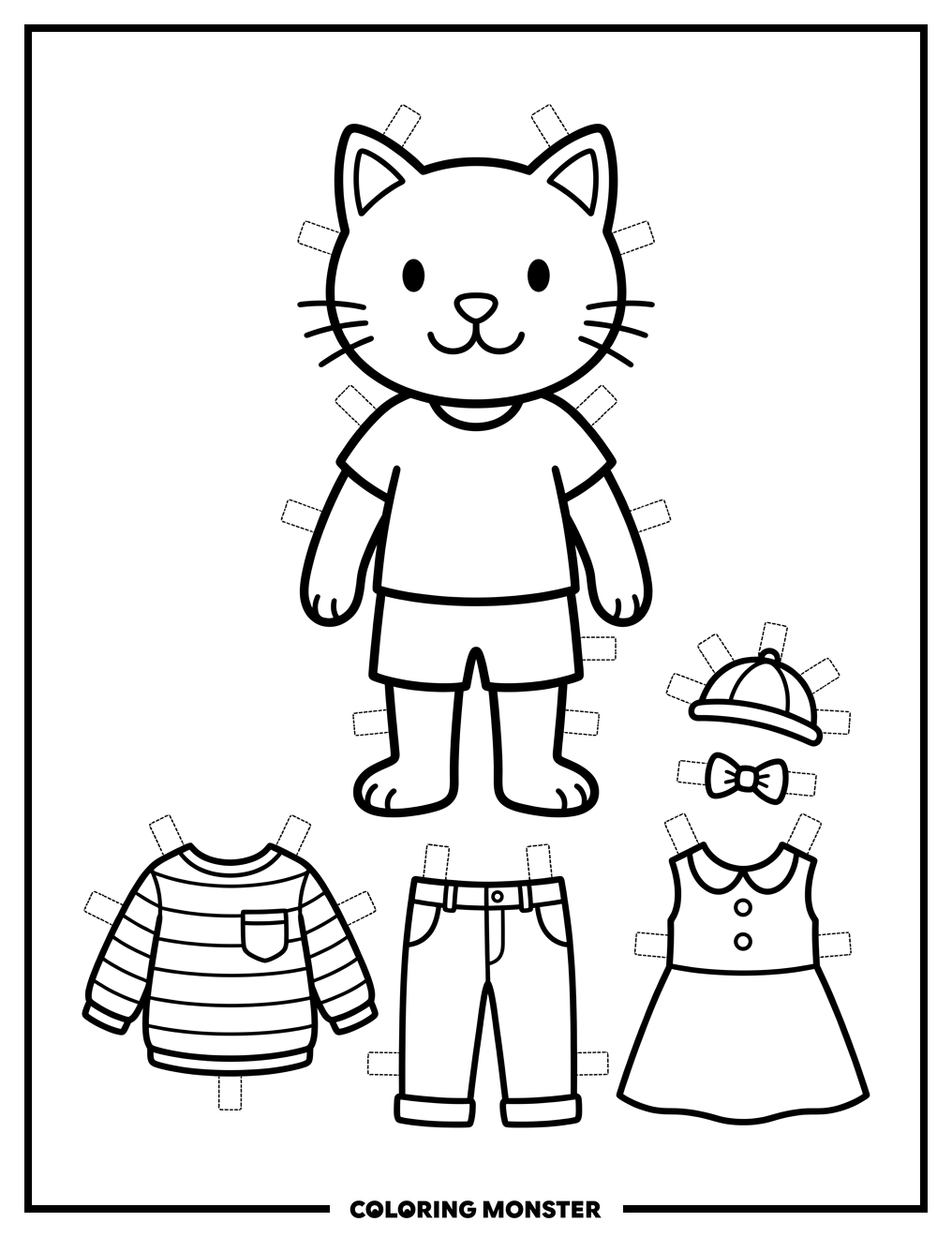 Paper Cat Doll With Clothes Coloring Page
