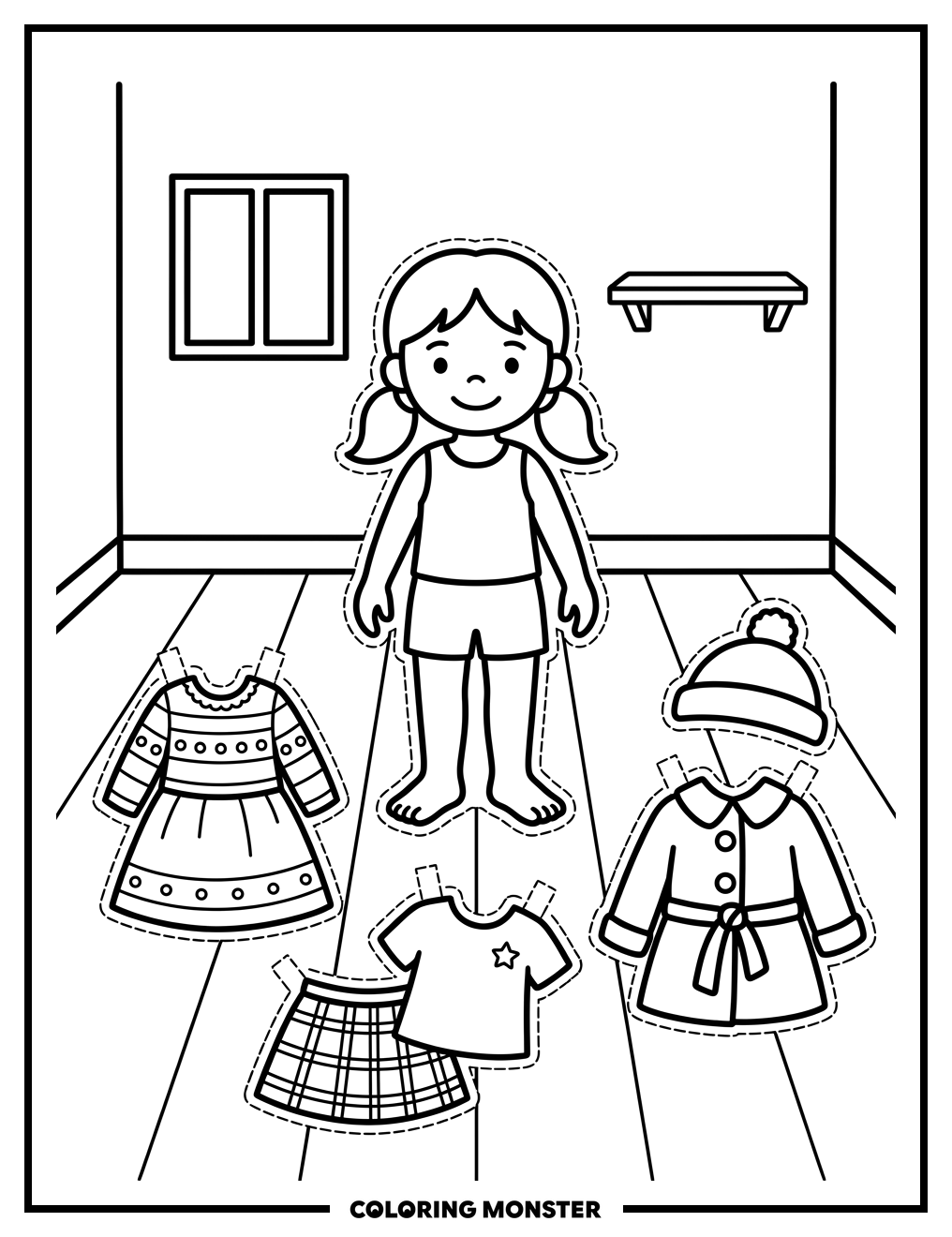 Paper Doll Girl with Outfits Coloring Page