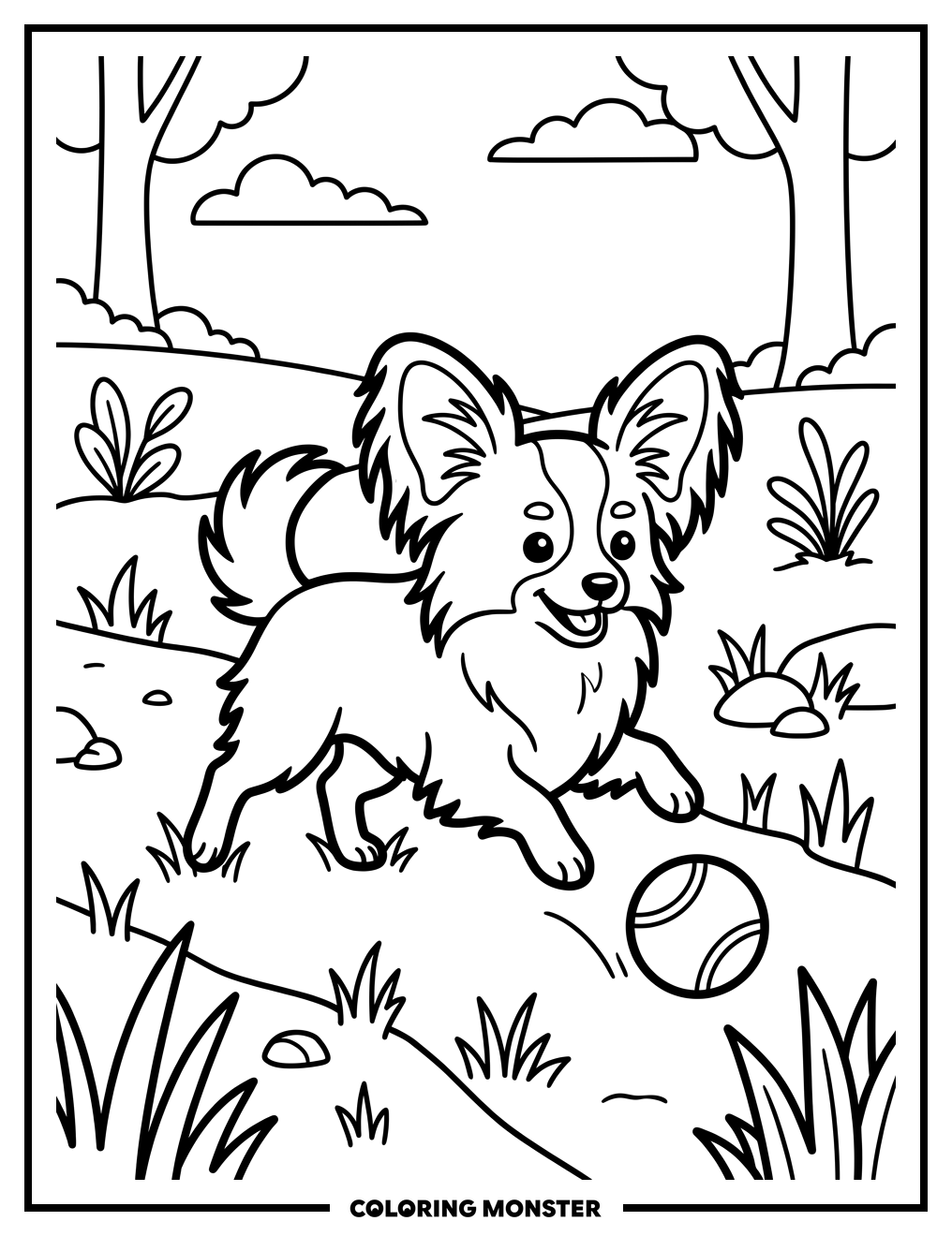 Papillon Dog Playing With Ball Coloring Page