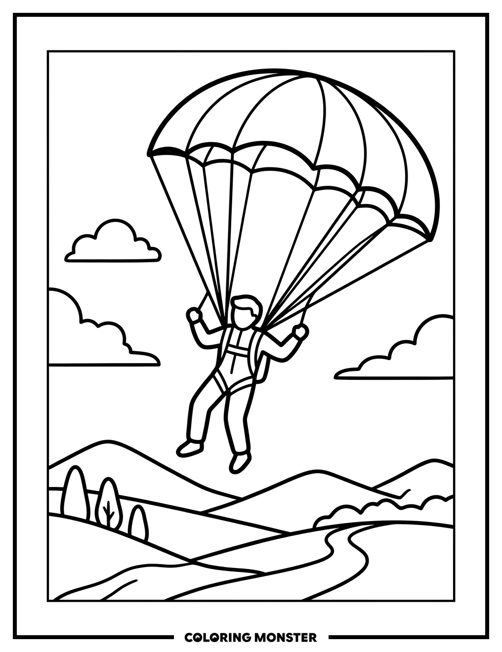 Parachutist Over Rolling Hills Coloring Page