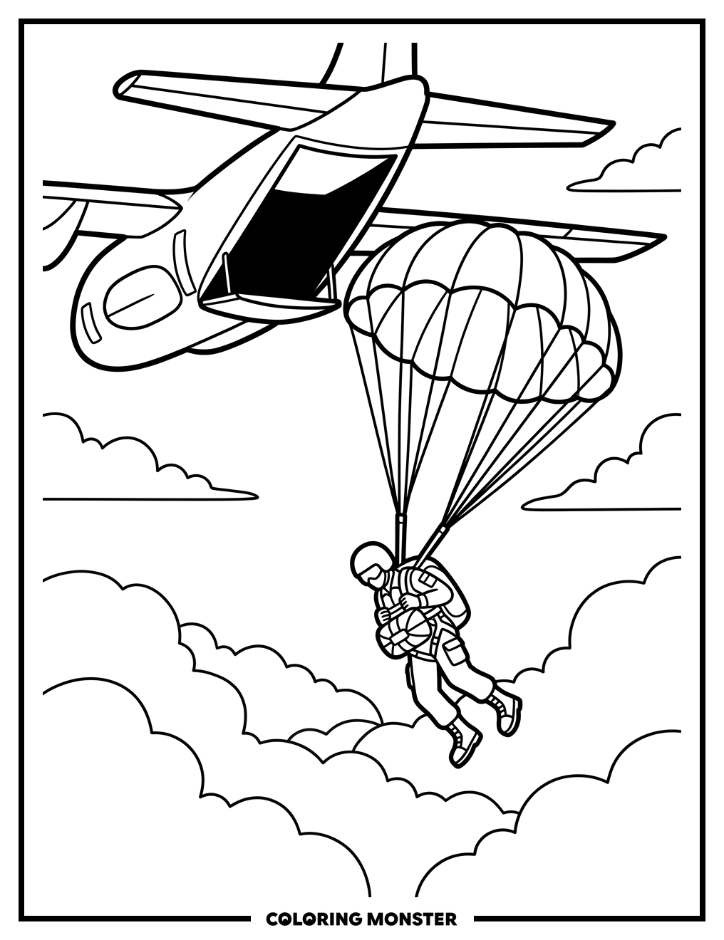 Paratrooper Descending From Airplane Coloring Page