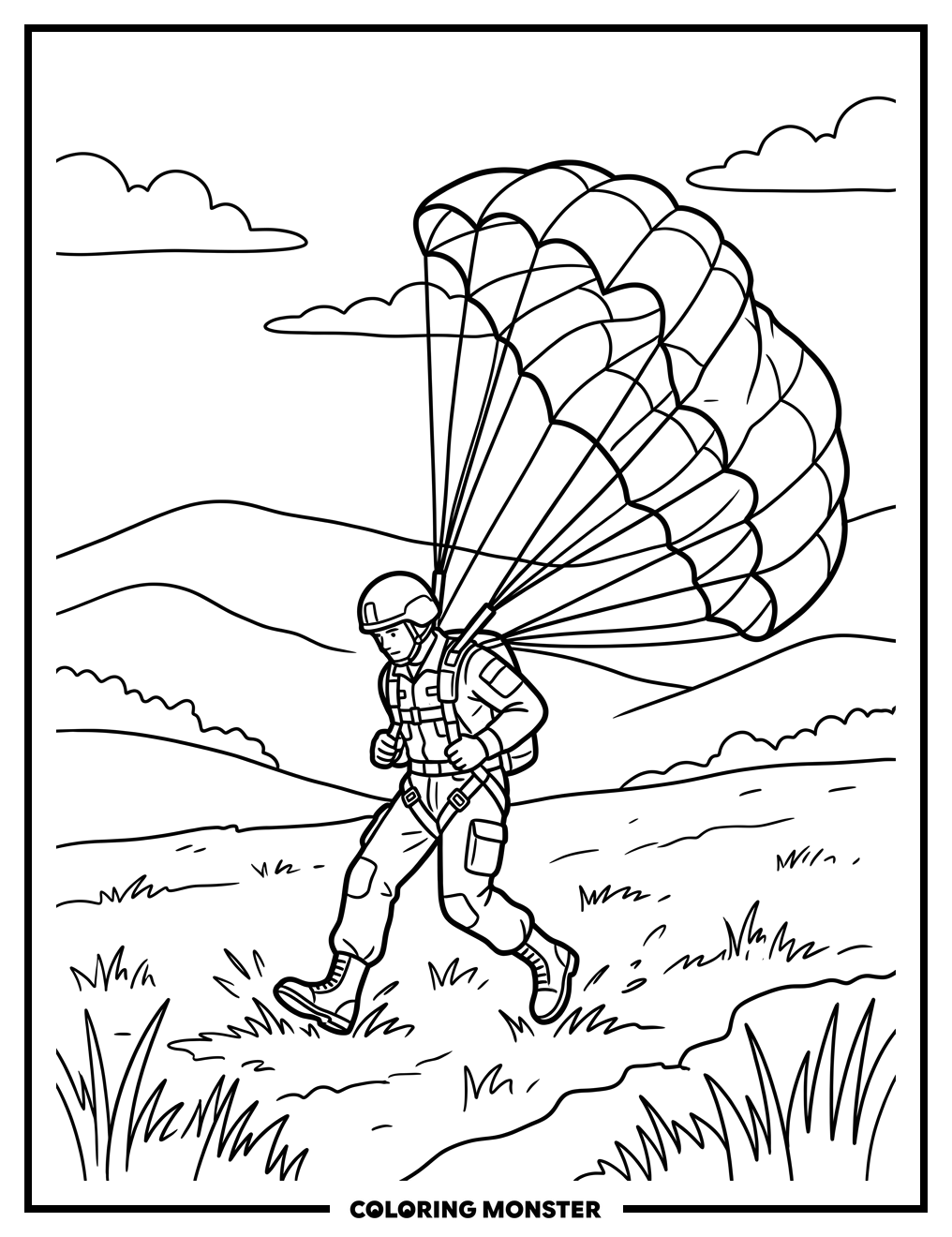 Paratrooper Landing in Field Coloring Page
