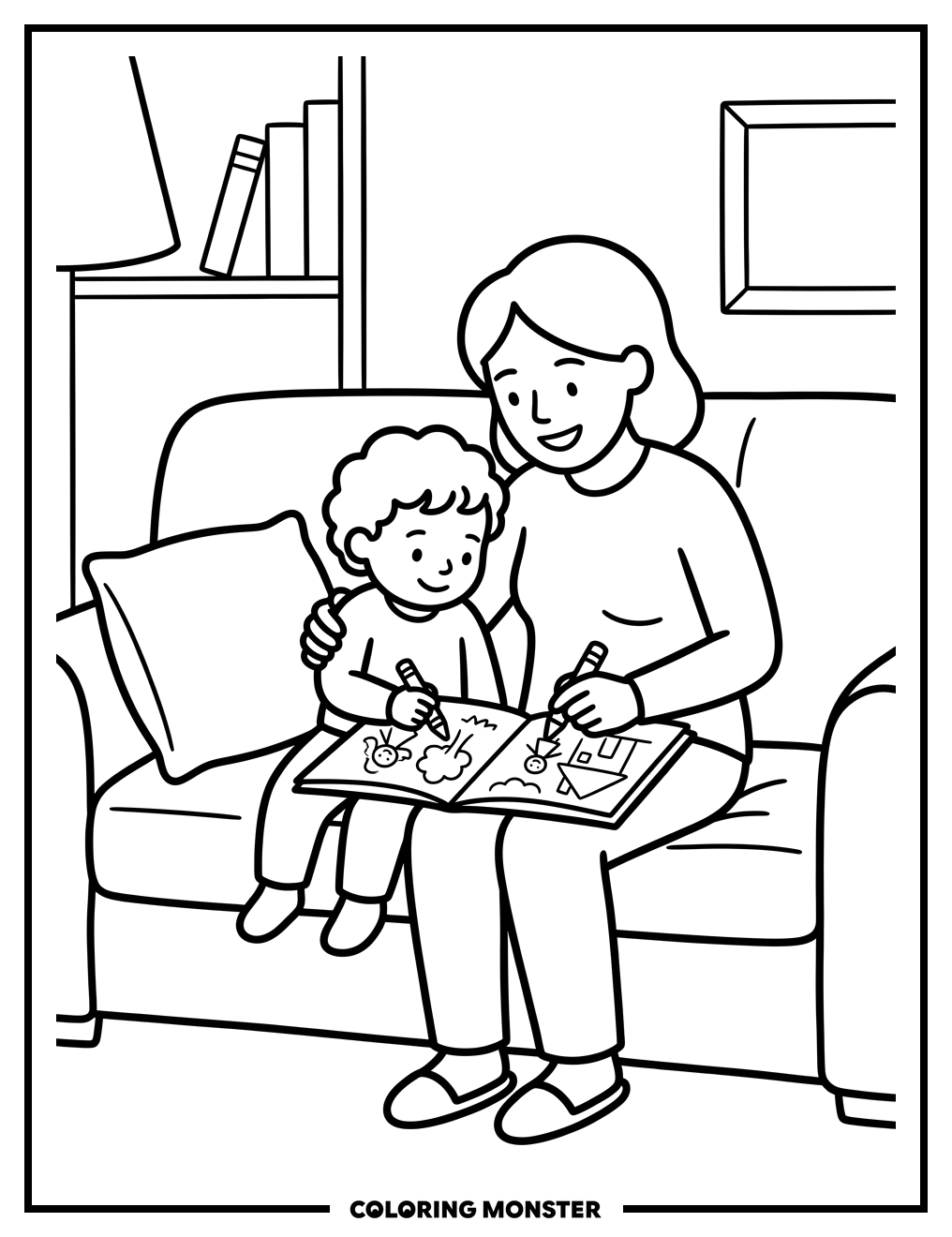 Parent and Child Coloring Together Coloring Page